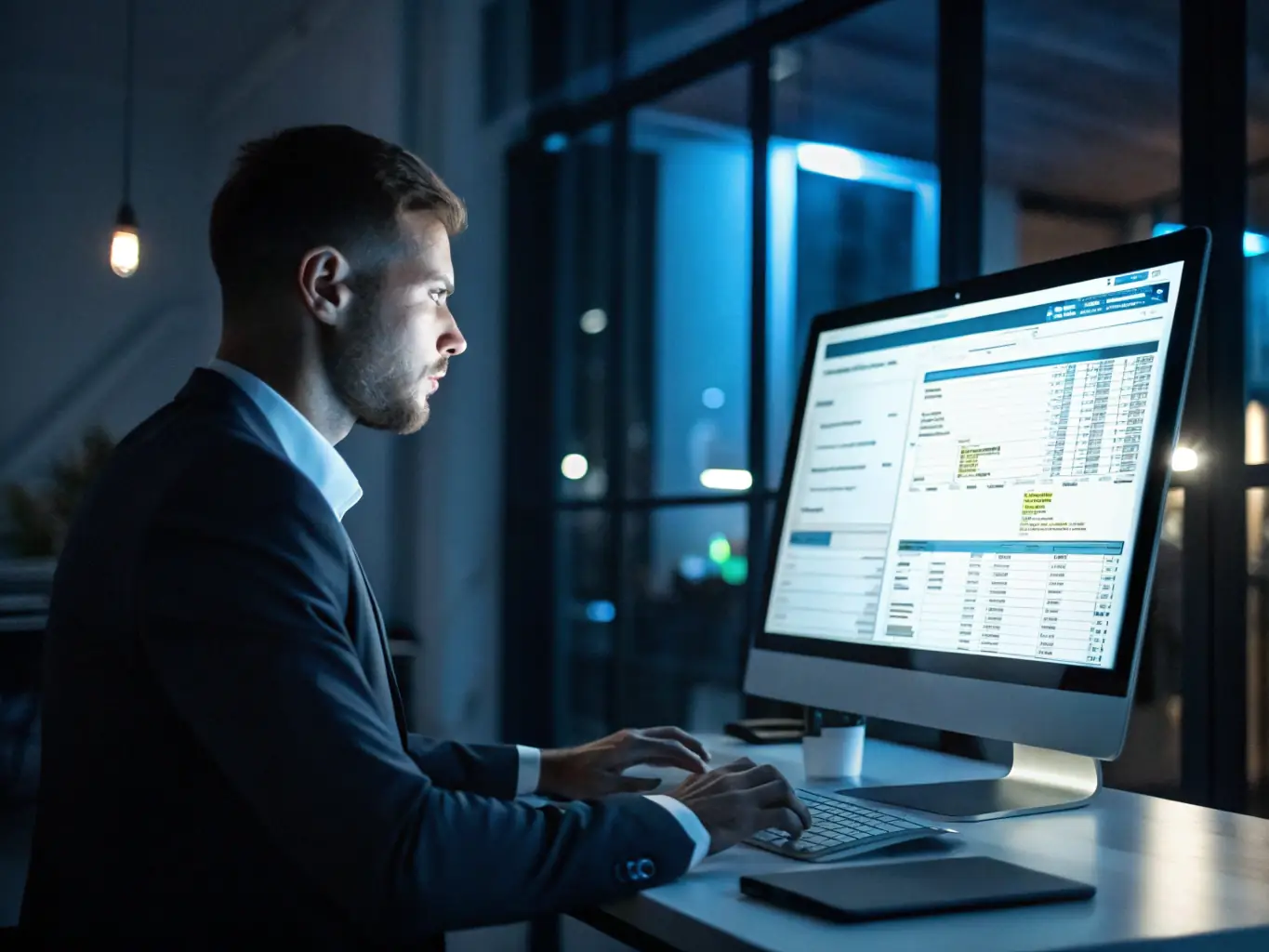 A business owner reviewing payroll reports on a computer with a professional accountant, representing efficient payroll services.