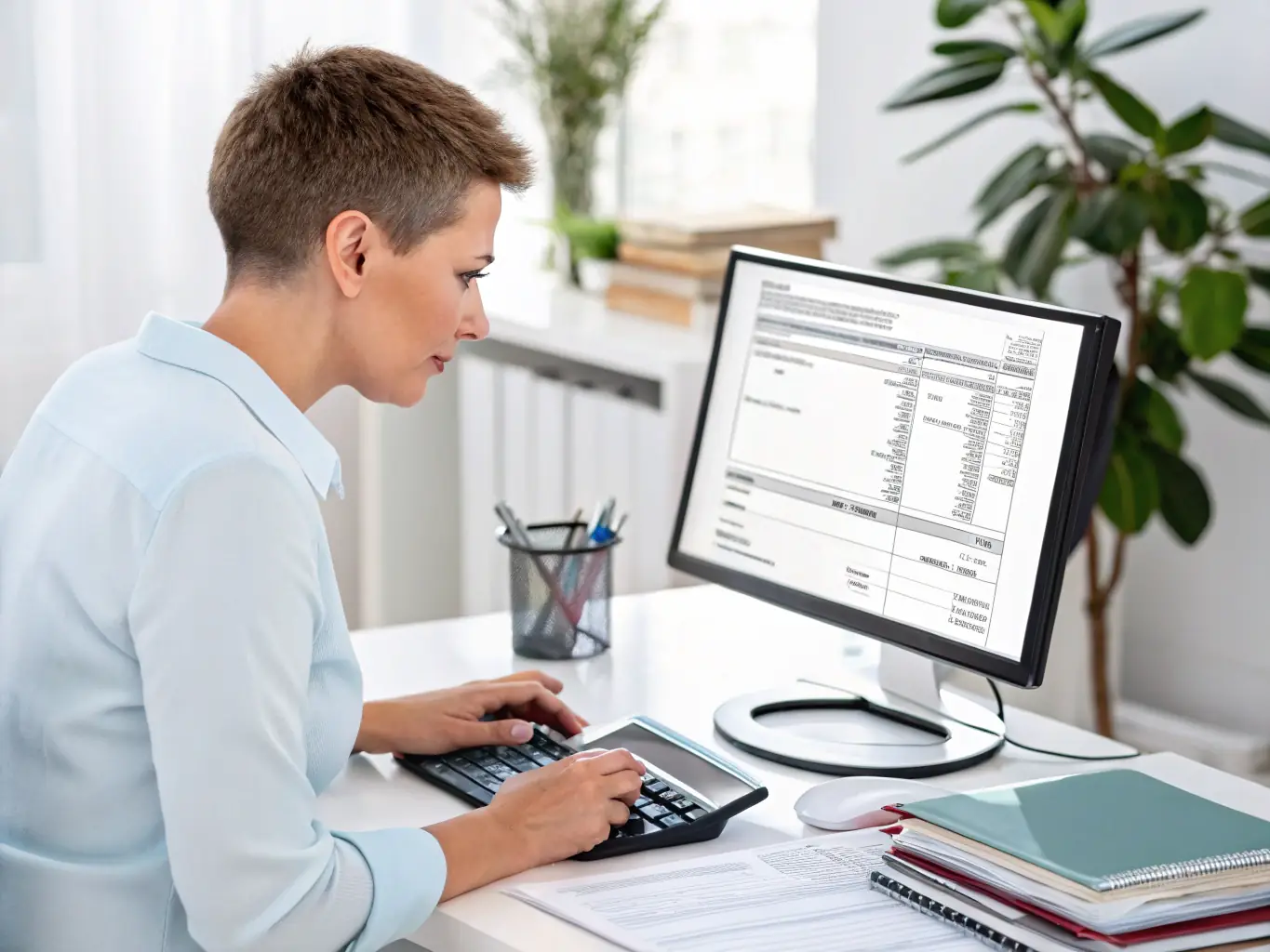 A business owner reviewing payroll reports on a computer with a professional accountant, representing Legacy Tax Care LLC's efficient payroll services.
