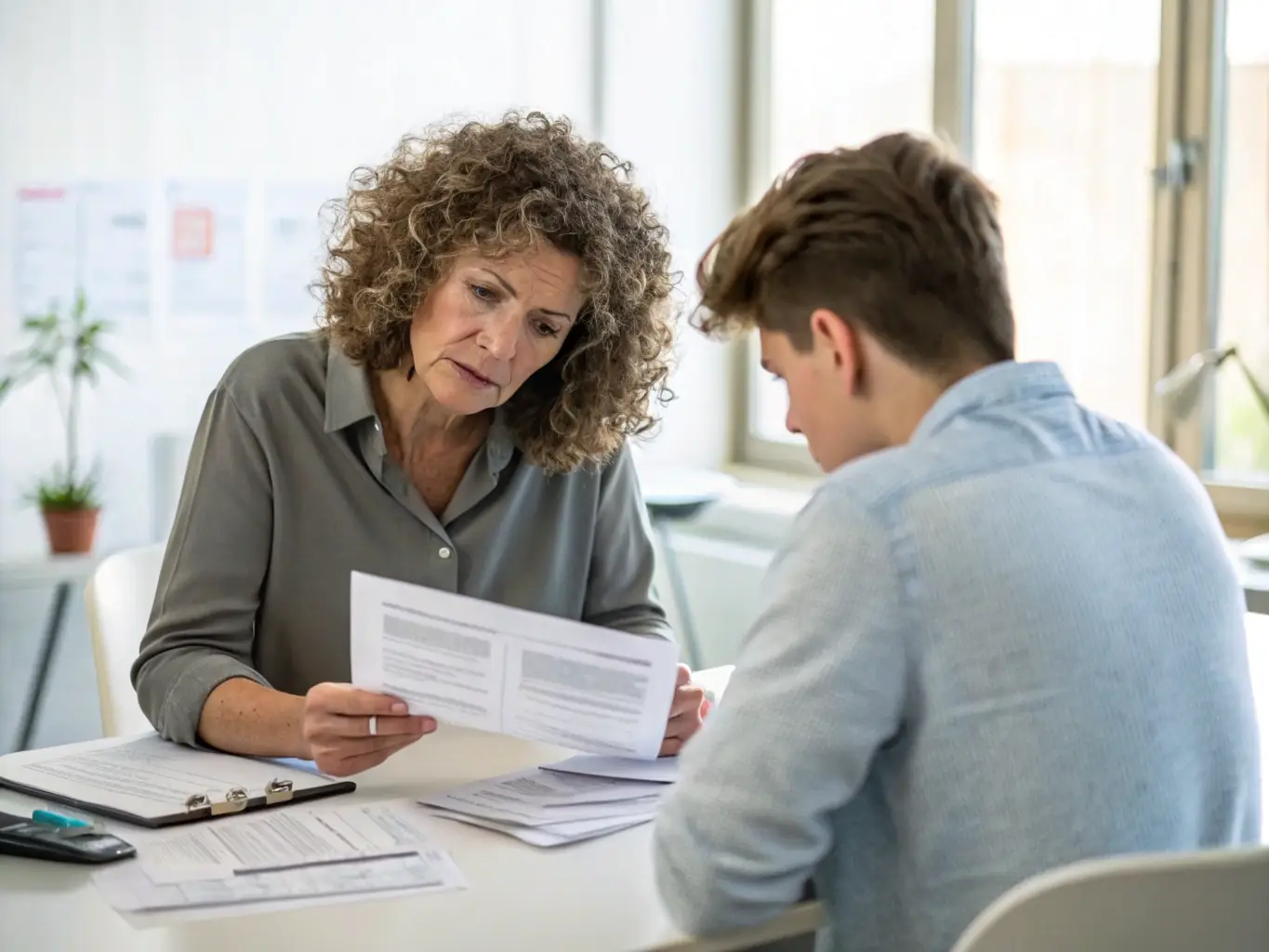 A friendly tax professional assisting a client with their tax documents in a well-lit office, symbolizing Legacy Tax Care LLC's commitment to personalized tax preparation services.