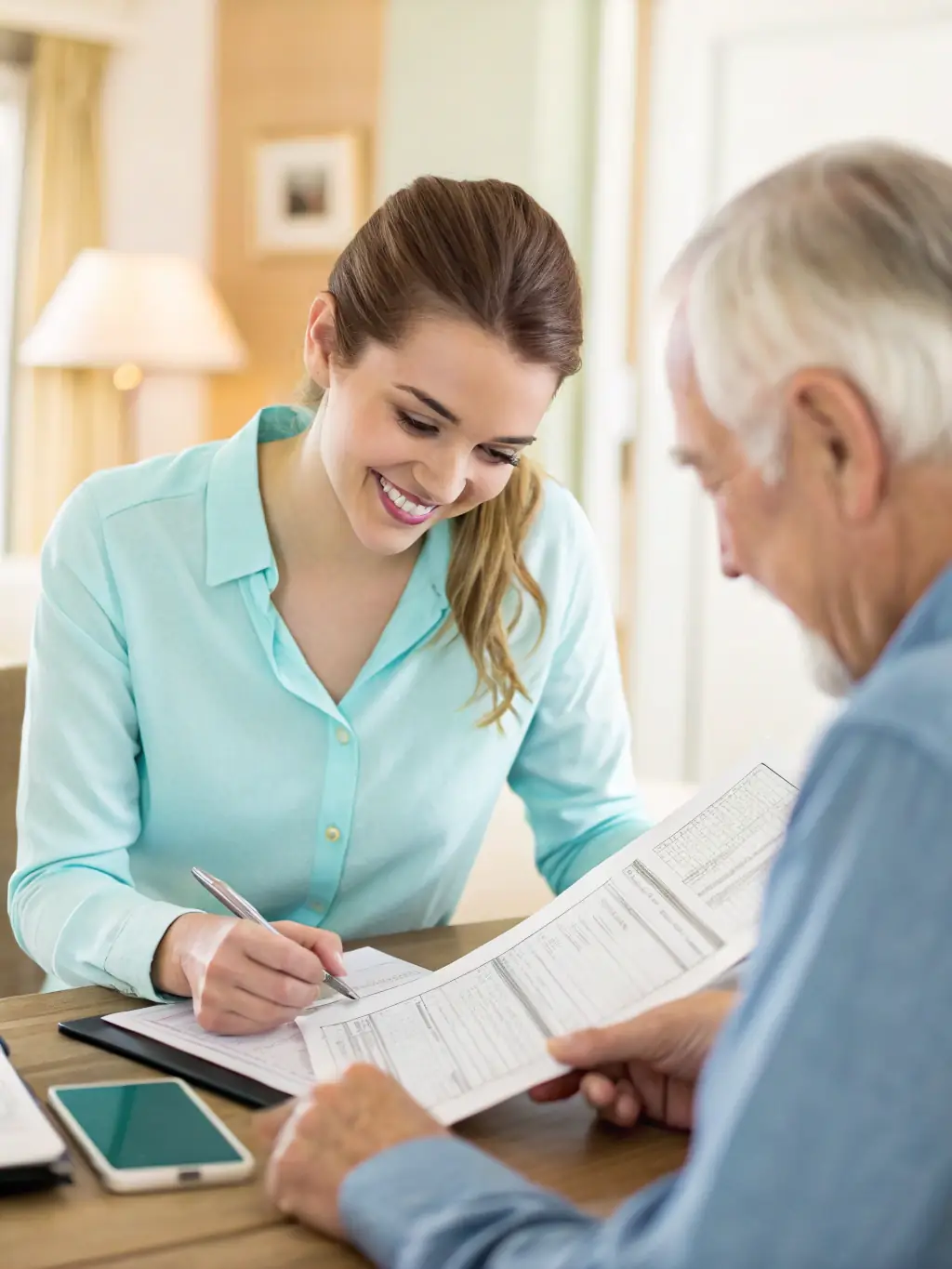 A professional tax preparer reviewing documents with a client in a well-lit office, emphasizing accuracy and personalized service.